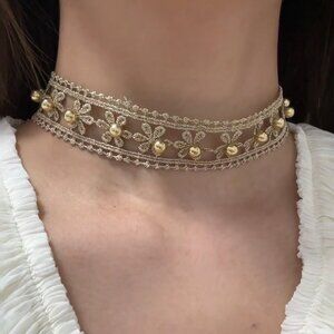 Gold Embroidered Floral Lace Choker Necklace Boho Chic Jewelry